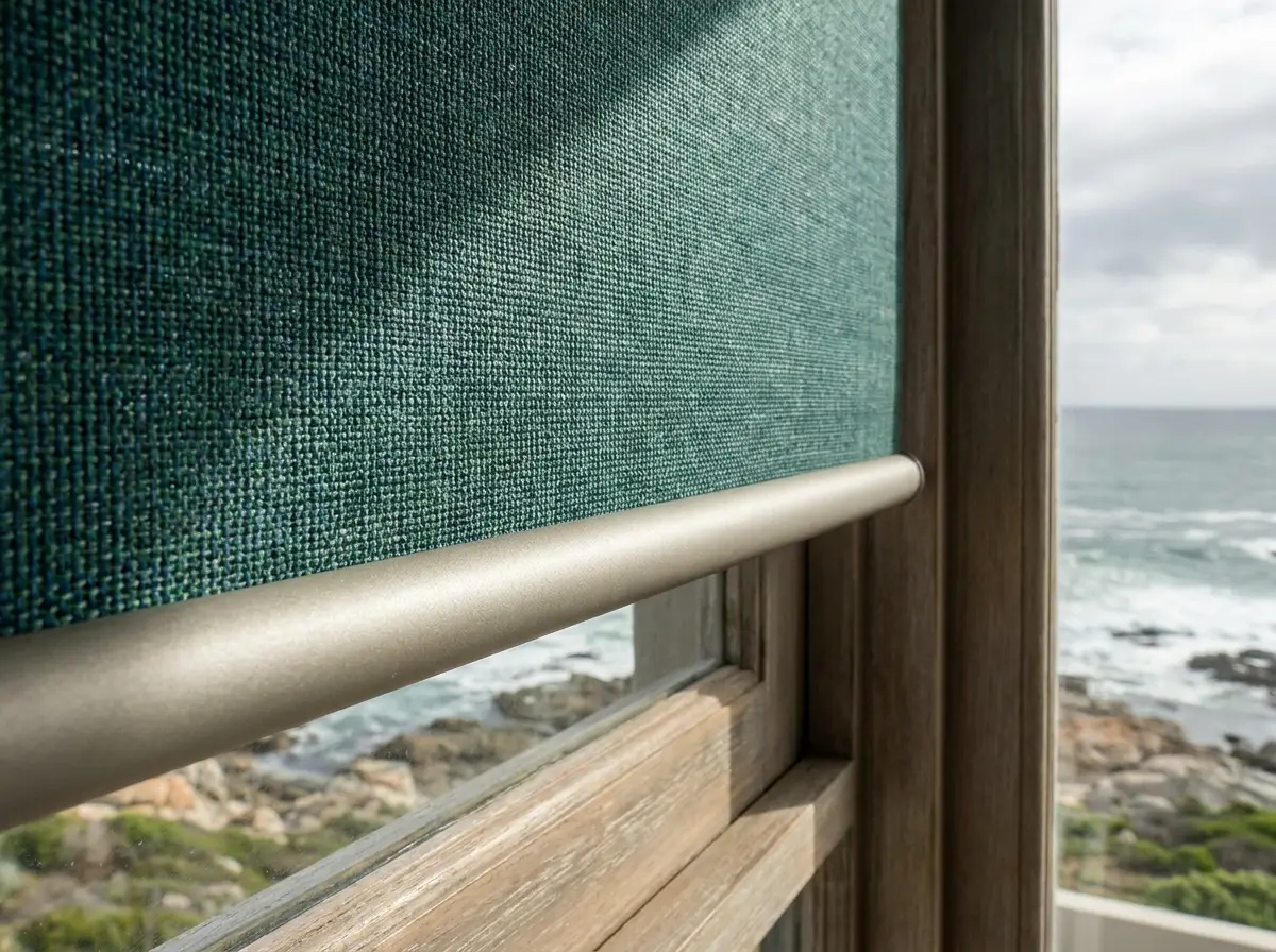Close-up of storm-teal roller blind fabric weave and aluminium headrail bracket in a Kommetjie home