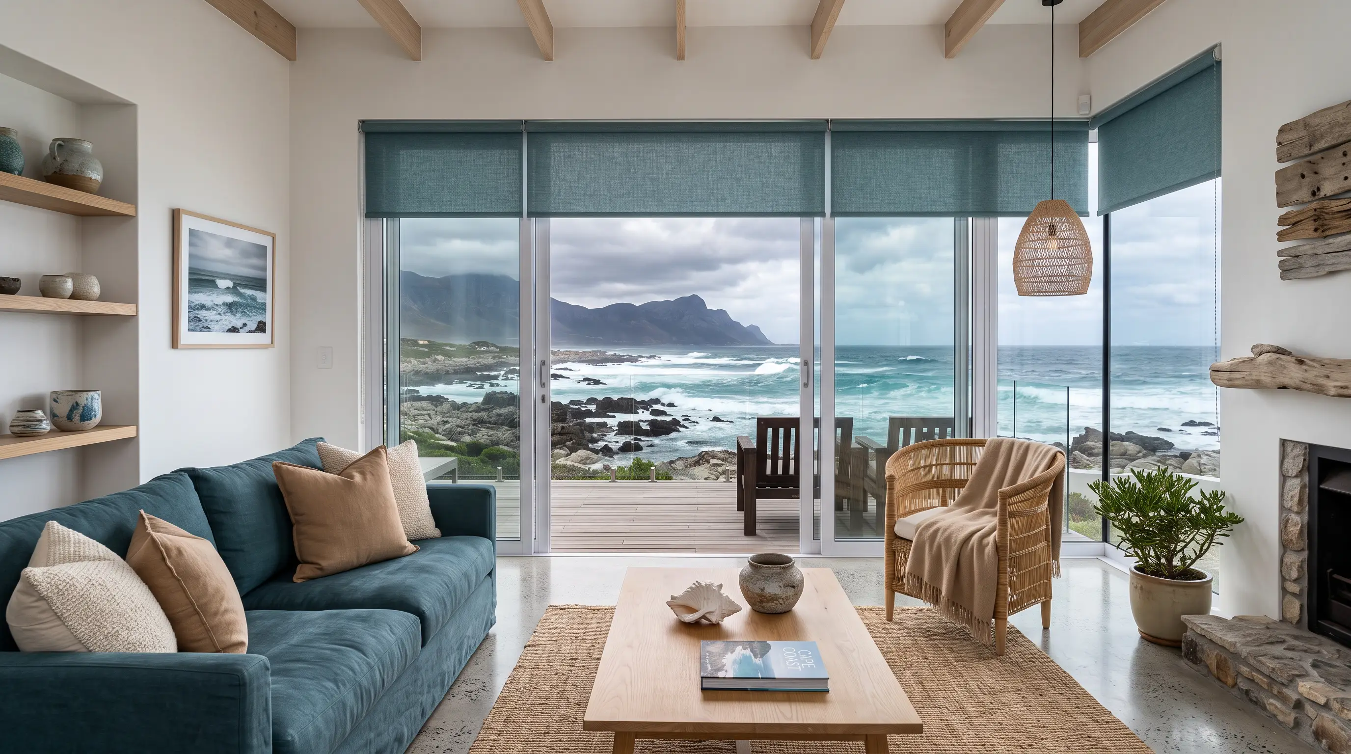 Open-plan living room in a Kommetjie beach house with storm-teal roller blinds framing dune grass and the Atlantic Ocean