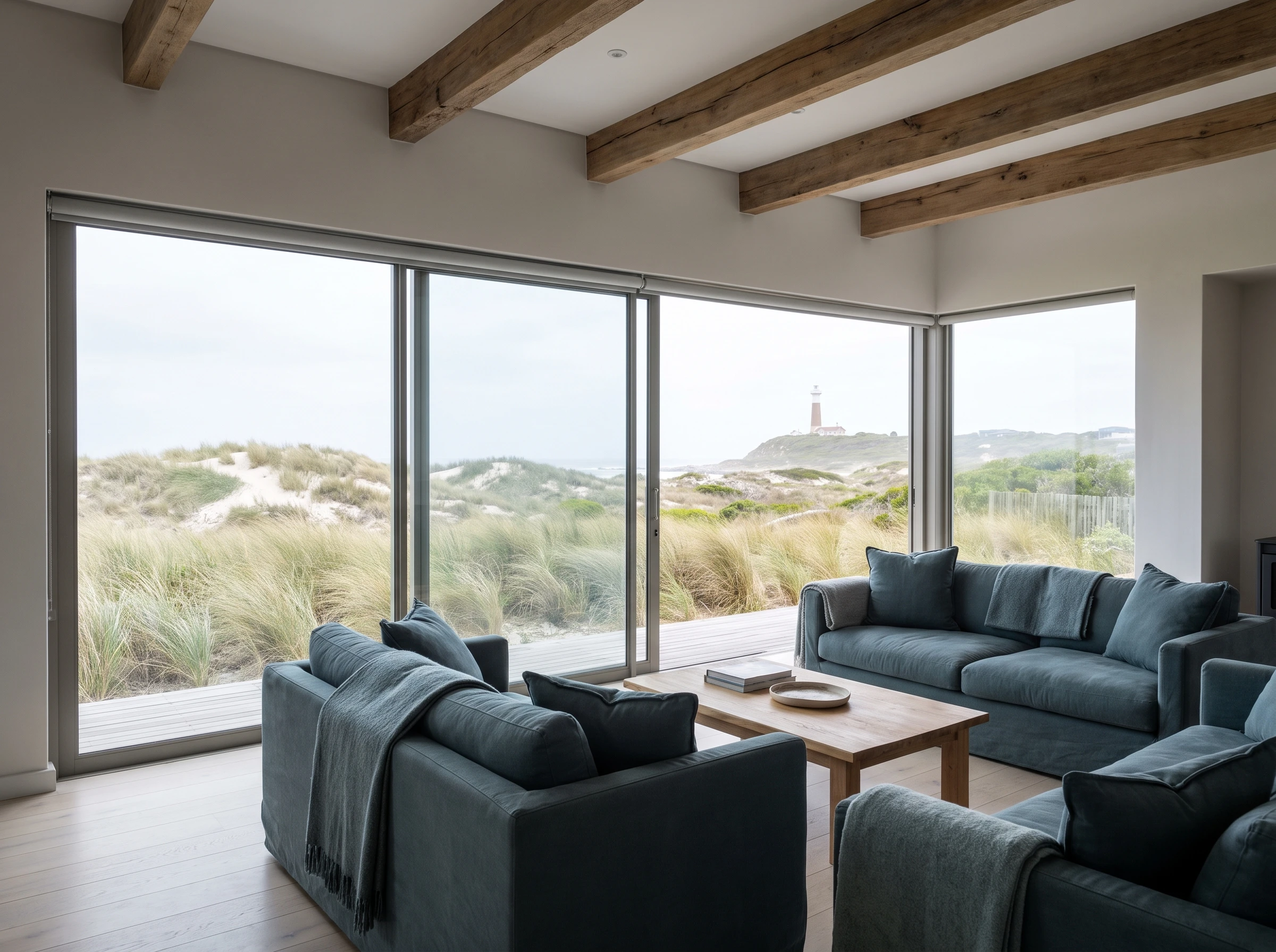 Storm-teal roller blind raised beside a sunscreen roller blind half-lowered across a wide glass wall in a Kommetjie beach house lounge