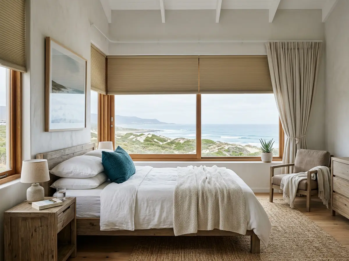 Pleated cellular honeycomb blind lowered over a dune-facing bedroom window in a Kommetjie beach house, soft morning light