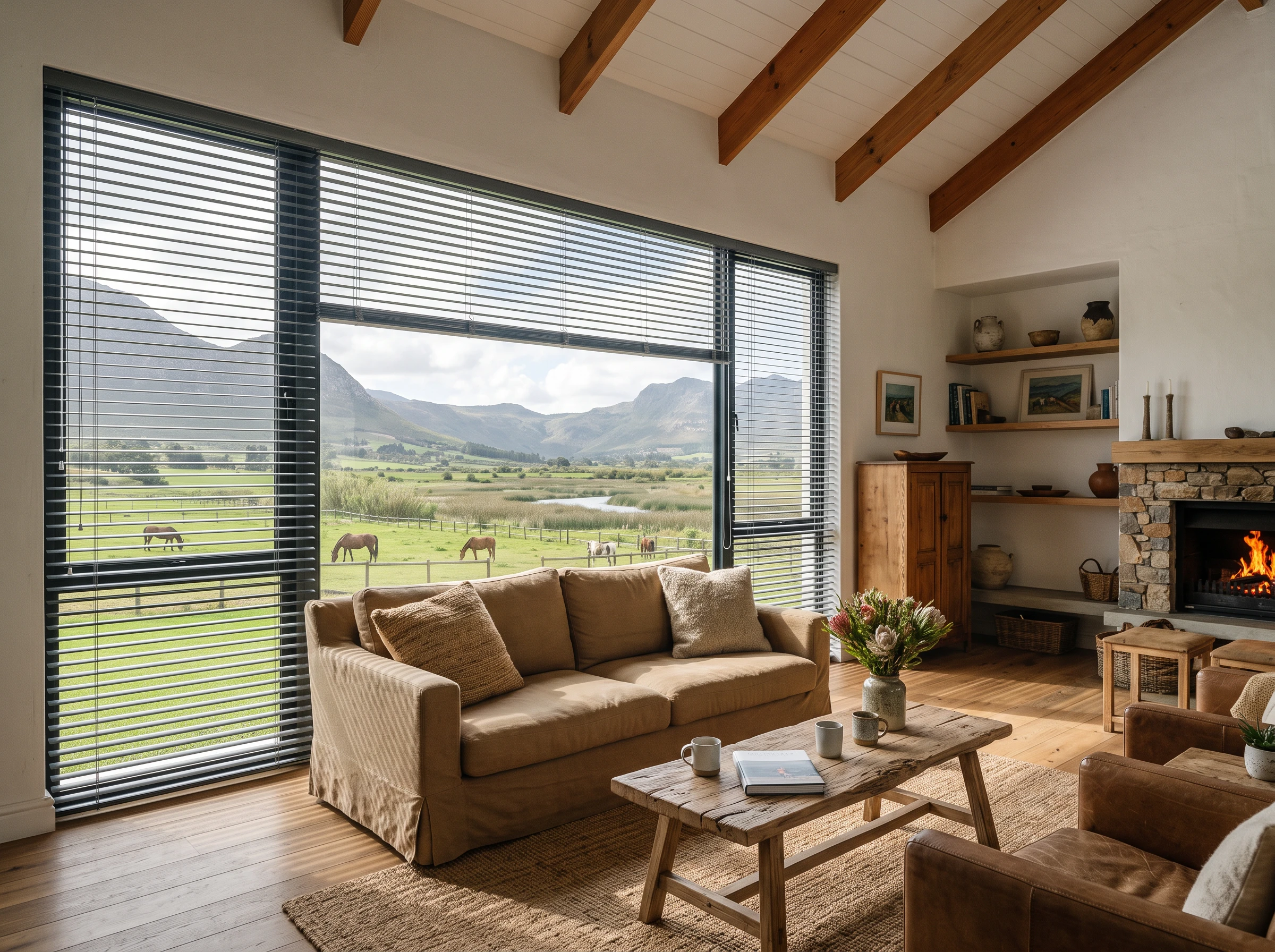 Aluminium venetian blinds tilted against wind-bright light in a Noordhoek farm-style living room, horse paddock and wetland visible through the glass