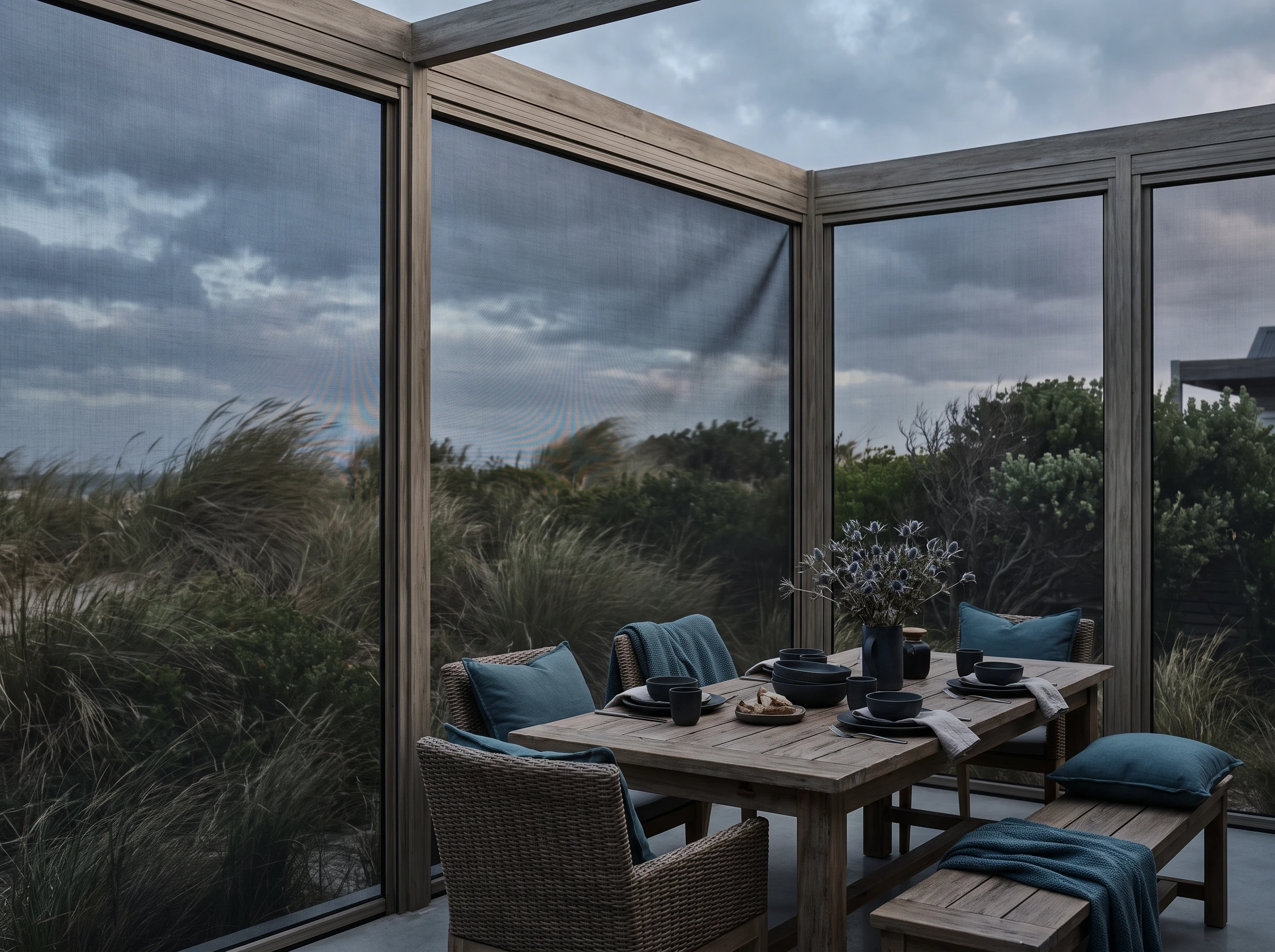 Wind-exposed patio at a Kommetjie beach house fully enclosed by vertical zip-track mesh screens, dune grass whipping in the wind outside